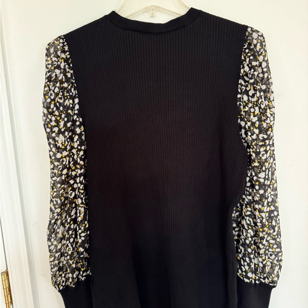 DKNY Black Ribbed Sweater with Printed Puff Sheer Sleeves Office Work Sz XL - Picture 3 of 6